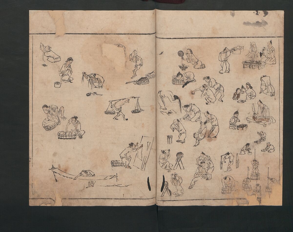 Abbreviated Drawing Styles (Figures)  (Ryakuga shiki)  略画式 (人物), Kuwagata Keisai 鍬形蕙斎 (Japanese, 1764–1824), Woodblock printed book; ink and color on paper, Japan