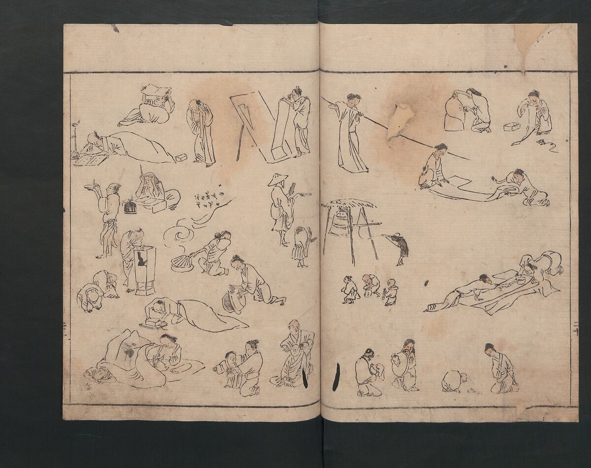 Abbreviated Drawing Styles (Figures)  (Ryakuga shiki)  略画式 (人物), Kuwagata Keisai 鍬形蕙斎 (Japanese, 1764–1824), Woodblock printed book; ink and color on paper, Japan