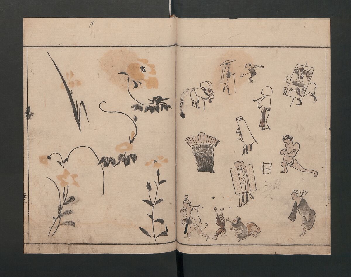 Abbreviated Drawing Styles (Figures)  (Ryakuga shiki)  略画式 (人物), Kuwagata Keisai 鍬形蕙斎 (Japanese, 1764–1824), Woodblock printed book; ink and color on paper, Japan