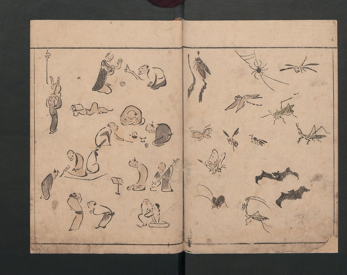 Abbreviated Drawing Styles (Figures)  (Ryakuga shiki)  略画式 (人物), Kuwagata Keisai 鍬形蕙斎 (Japanese, 1764–1824), Woodblock printed book; ink and color on paper, Japan