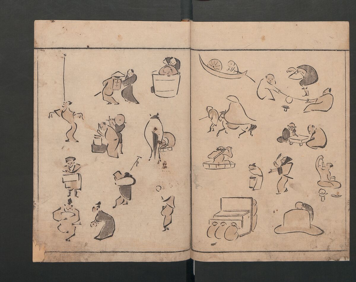 Abbreviated Drawing Styles (Figures)  (Ryakuga shiki)  略画式 (人物), Kuwagata Keisai 鍬形蕙斎 (Japanese, 1764–1824), Woodblock printed book; ink and color on paper, Japan
