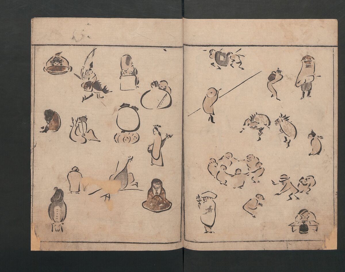 Abbreviated Drawing Styles (Figures)  (Ryakuga shiki)  略画式 (人物), Kuwagata Keisai 鍬形蕙斎 (Japanese, 1764–1824), Woodblock printed book; ink and color on paper, Japan