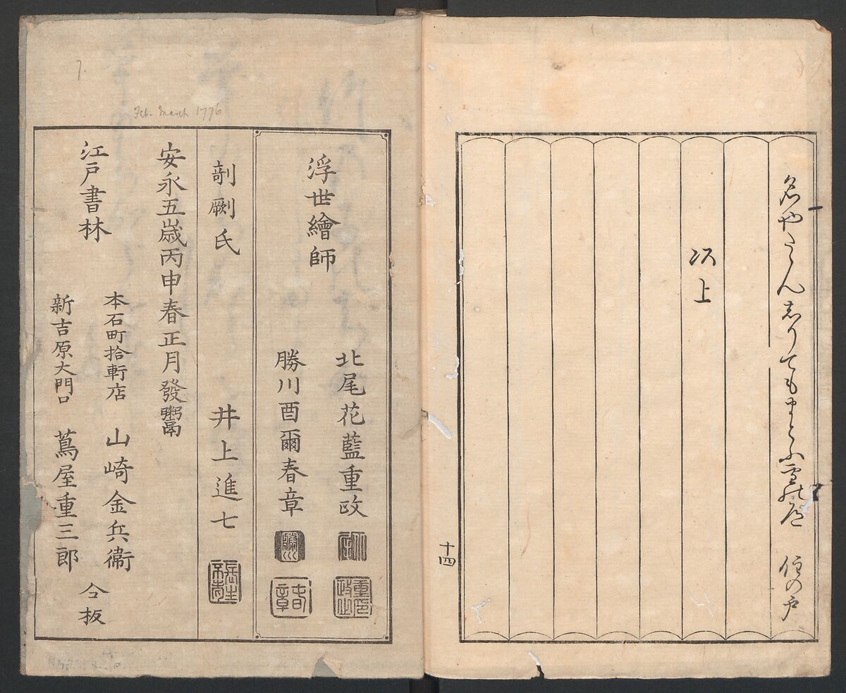 Mirror of the Beauties of the Green-houses (Seirō bijin awase sugata kagami) 青楼美人合姿鏡, Katsukawa Shunshō　勝川春章 (Japanese, 1726–1792), Ink and color on paper, Japan