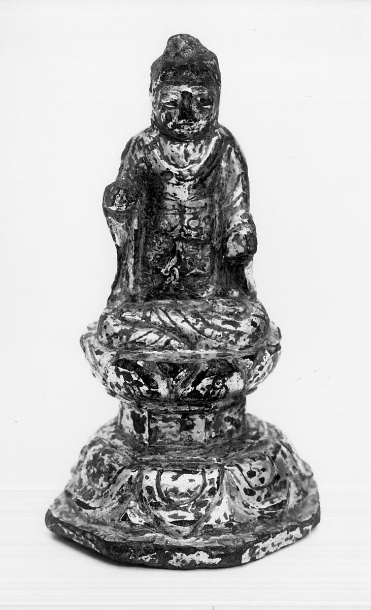 Statuette of Buddha Sitting on Engraved Throne, Gilt bronze, Korea 