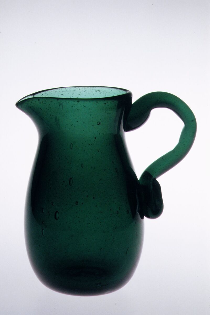 Pitcher, Free-blown green glass, American 