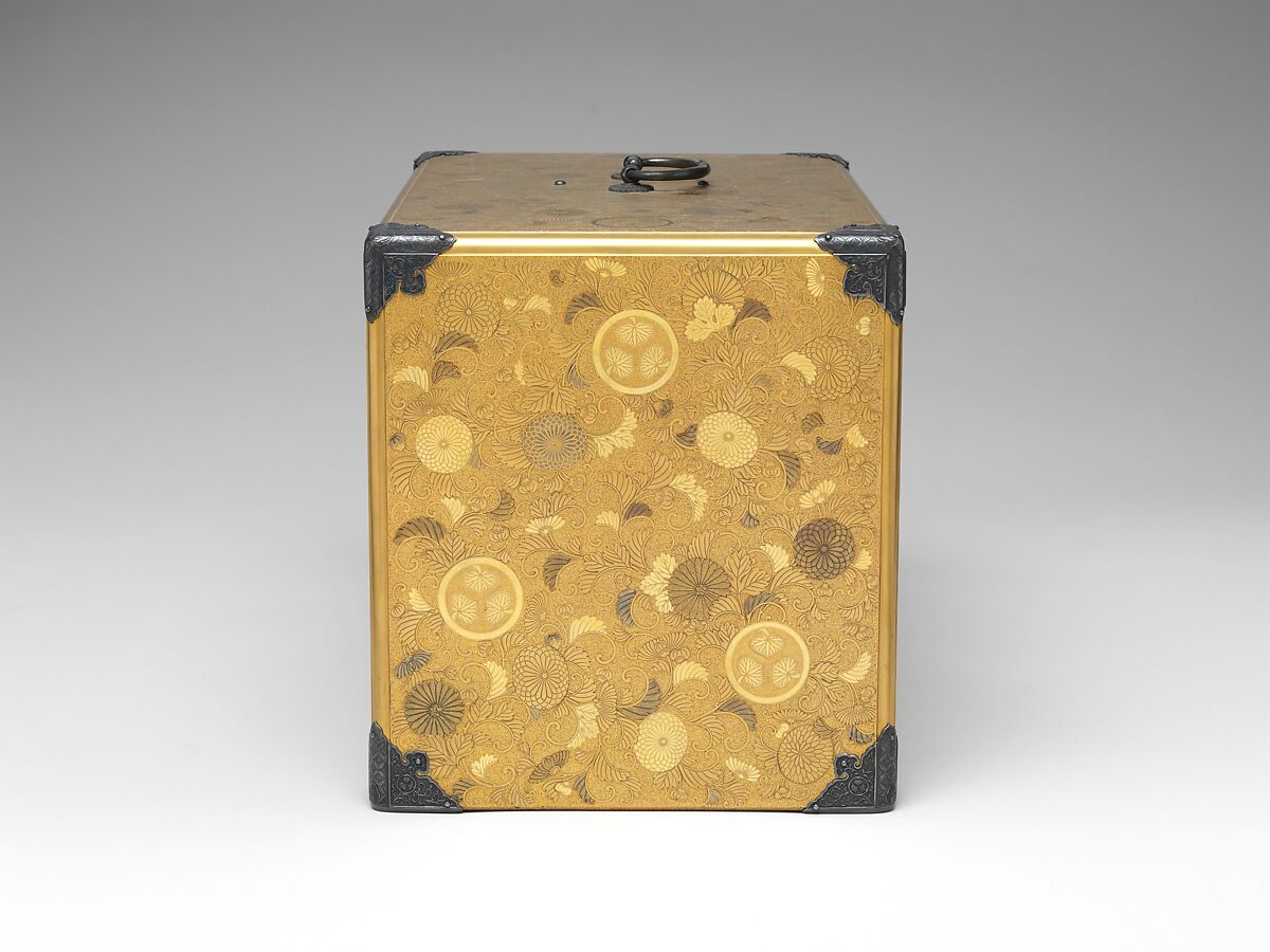 Portable Writing Cabinet with Tokugawa Family Crests, Chrysanthemums, and Foliage Scrolls, Kōami School (active second half of the 18th century), Lacquered wood with gold and silver takamaki-e, hiramaki-e, and applied gold foil on nashiji ground, Japan