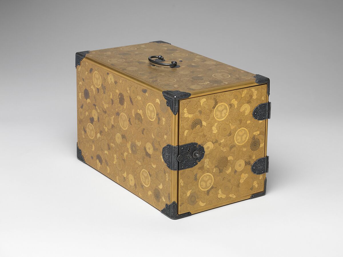 Portable Writing Cabinet with Tokugawa Family Crests, Chrysanthemums, and Foliage Scrolls, Kōami School (active second half of the 18th century), Lacquered wood with gold and silver takamaki-e, hiramaki-e, and applied gold foil on nashiji ground, Japan