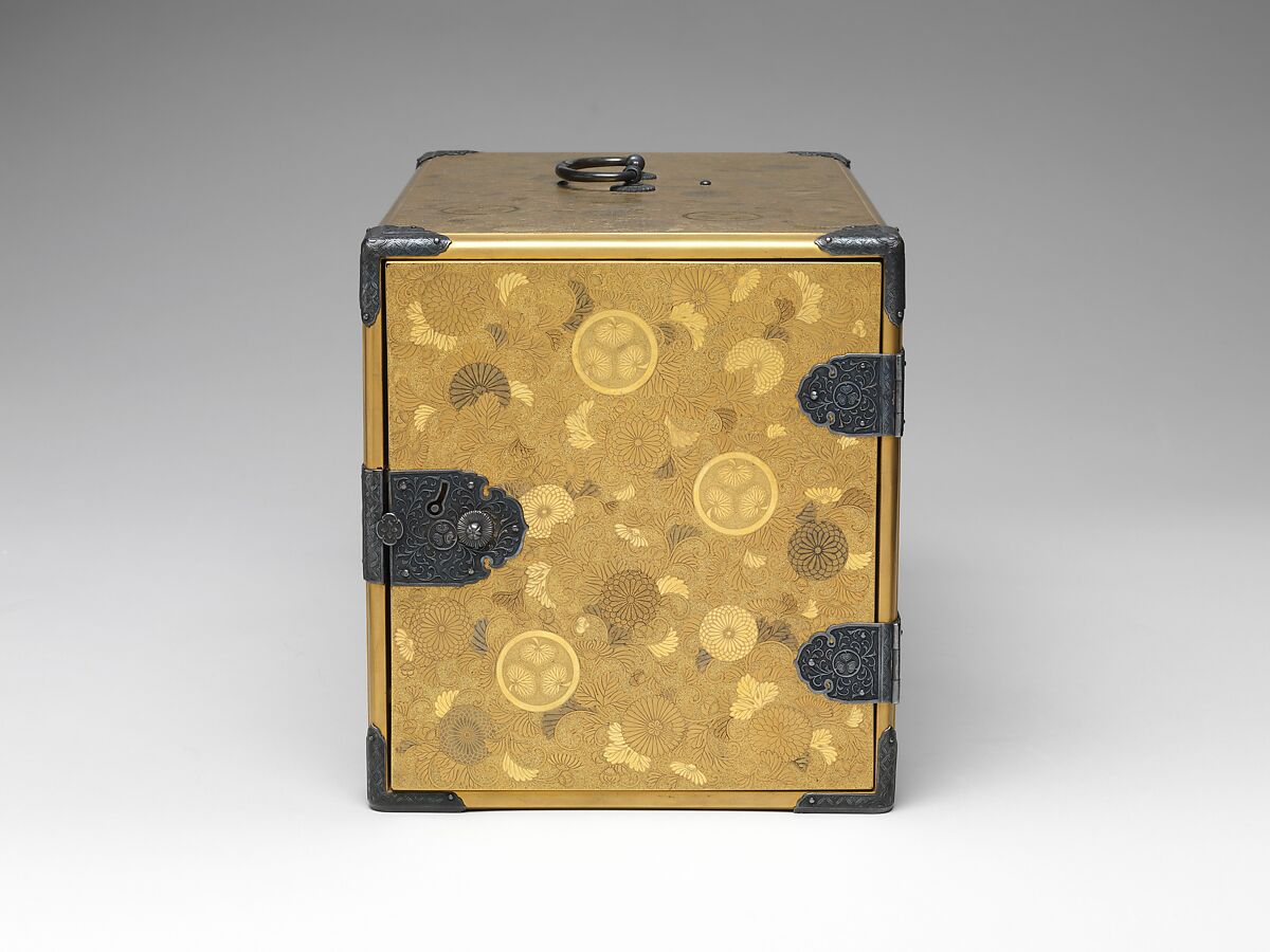 Portable Writing Cabinet with Tokugawa Family Crests, Chrysanthemums, and Foliage Scrolls, Kōami School (active second half of the 18th century), Lacquered wood with gold and silver takamaki-e, hiramaki-e, and applied gold foil on nashiji ground, Japan