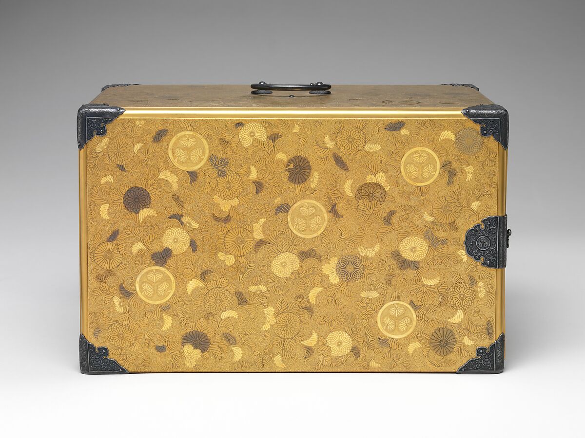 Portable Writing Cabinet with Tokugawa Family Crests, Chrysanthemums, and Foliage Scrolls, Kōami School (active second half of the 18th century), Lacquered wood with gold and silver takamaki-e, hiramaki-e, and applied gold foil on nashiji ground, Japan