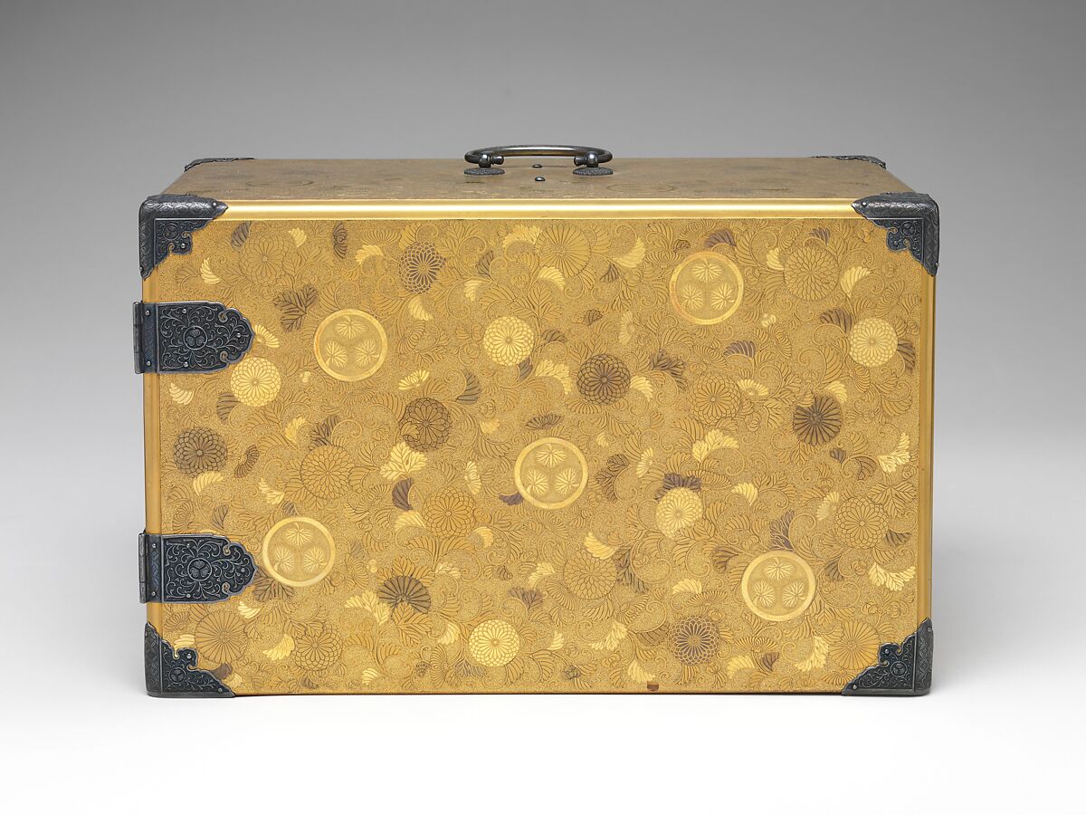 Portable Writing Cabinet with Tokugawa Family Crests, Chrysanthemums, and Foliage Scrolls, Kōami School (active second half of the 18th century), Lacquered wood with gold and silver takamaki-e, hiramaki-e, and applied gold foil on nashiji ground, Japan