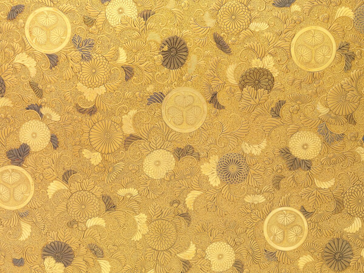 Portable Writing Cabinet with Tokugawa Family Crests, Chrysanthemums, and Foliage Scrolls, Kōami School (active second half of the 18th century), Lacquered wood with gold and silver takamaki-e, hiramaki-e, and applied gold foil on nashiji ground, Japan