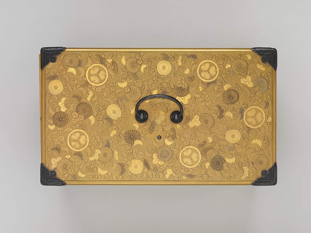 Portable Writing Cabinet with Tokugawa Family Crests, Chrysanthemums, and Foliage Scrolls, Kōami School (active second half of the 18th century), Lacquered wood with gold and silver takamaki-e, hiramaki-e, and applied gold foil on nashiji ground, Japan
