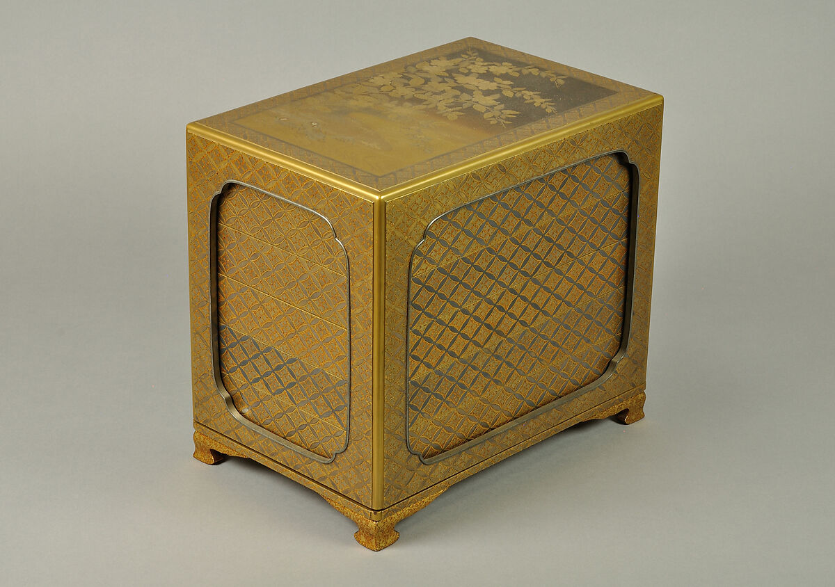 Set of Five Writing Boxes with Japanese Globeflowers, Plum Blossoms, and Interlaced Roundels, Lacquered wood with gold and silver hiramaki-e and applied gold foil on nashiji ground, Japan 