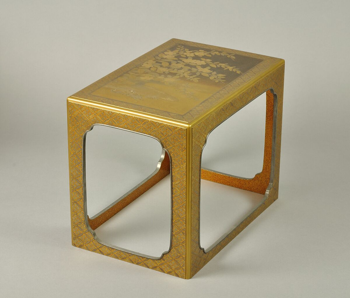 Set of Five Writing Boxes with Japanese Globeflowers, Plum Blossoms, and Interlaced Roundels, Lacquered wood with gold and silver hiramaki-e and applied gold foil on nashiji ground, Japan