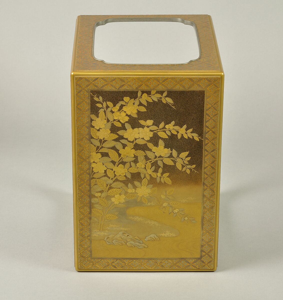 Set of Five Writing Boxes with Japanese Globeflowers, Plum Blossoms, and Interlaced Roundels, Lacquered wood with gold and silver hiramaki-e and applied gold foil on nashiji ground, Japan