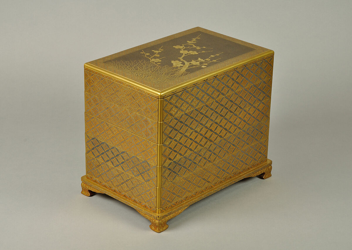 Set of Five Writing Boxes with Japanese Globeflowers, Plum Blossoms, and Interlaced Roundels, Lacquered wood with gold and silver hiramaki-e and applied gold foil on nashiji ground, Japan