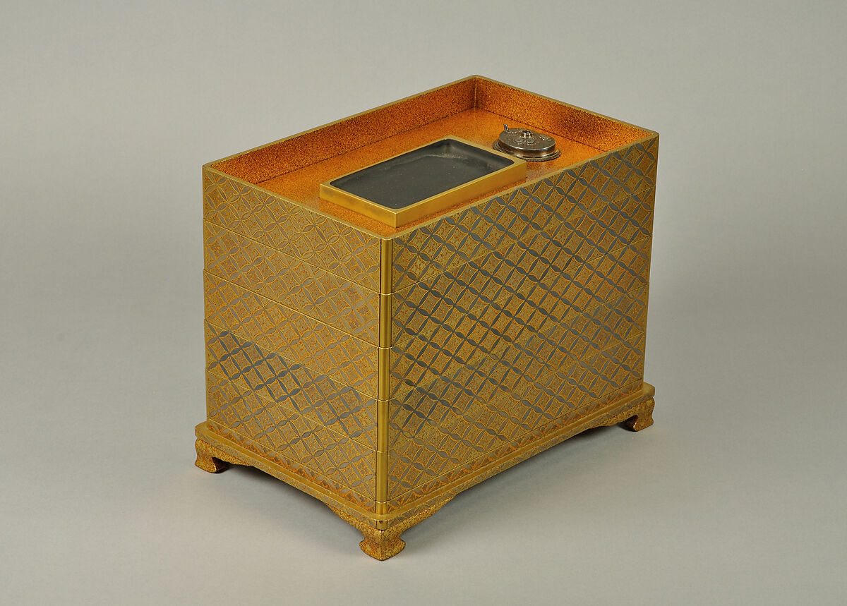 Set of Five Writing Boxes with Japanese Globeflowers, Plum Blossoms, and Interlaced Roundels, Lacquered wood with gold and silver hiramaki-e and applied gold foil on nashiji ground, Japan