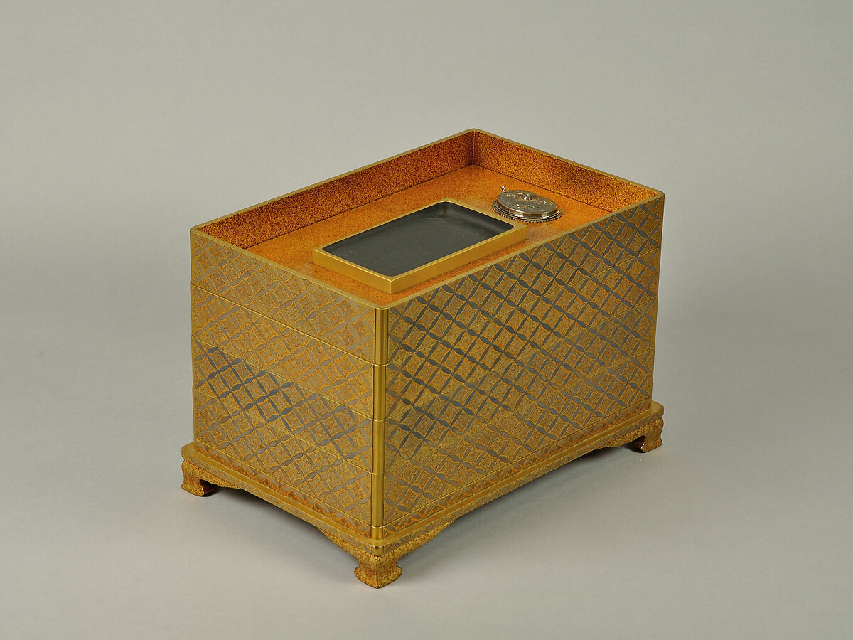 Set of Five Writing Boxes with Japanese Globeflowers, Plum Blossoms, and Interlaced Roundels, Lacquered wood with gold and silver hiramaki-e and applied gold foil on nashiji ground, Japan