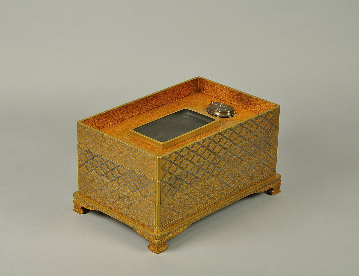Set of Five Writing Boxes with Japanese Globeflowers, Plum Blossoms, and Interlaced Roundels, Lacquered wood with gold and silver hiramaki-e and applied gold foil on nashiji ground, Japan