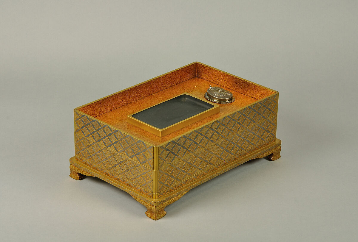 Set of Five Writing Boxes with Japanese Globeflowers, Plum Blossoms, and Interlaced Roundels, Lacquered wood with gold and silver hiramaki-e and applied gold foil on nashiji ground, Japan