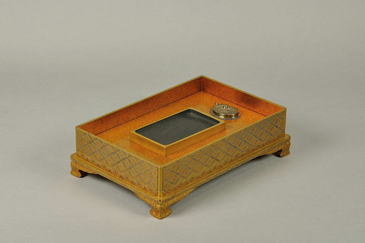 Set of Five Writing Boxes with Japanese Globeflowers, Plum Blossoms, and Interlaced Roundels, Lacquered wood with gold and silver hiramaki-e and applied gold foil on nashiji ground, Japan