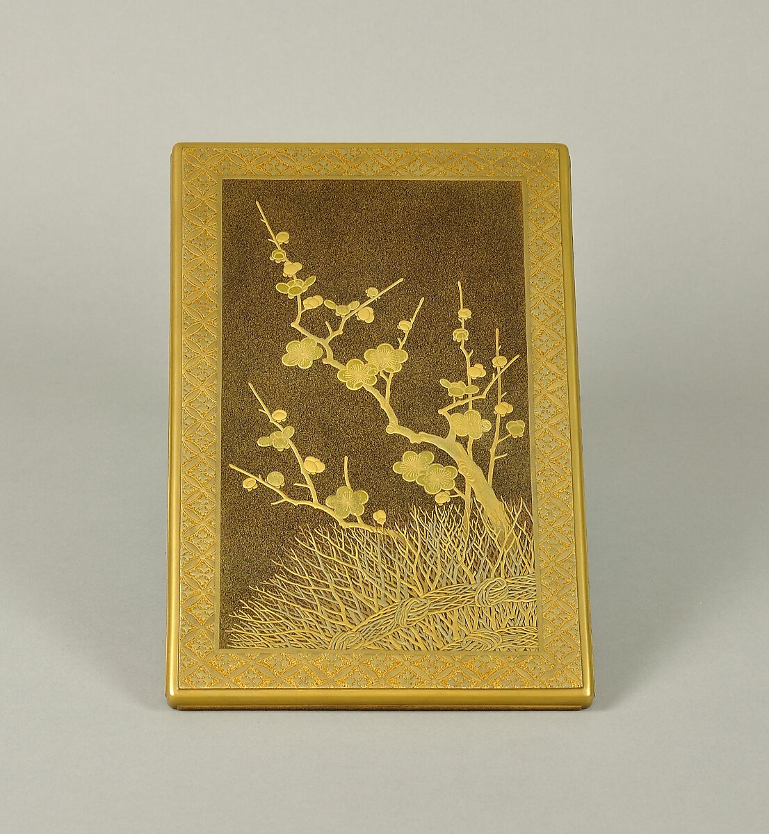 Set of Five Writing Boxes with Japanese Globeflowers, Plum Blossoms, and Interlaced Roundels, Lacquered wood with gold and silver hiramaki-e and applied gold foil on nashiji ground, Japan