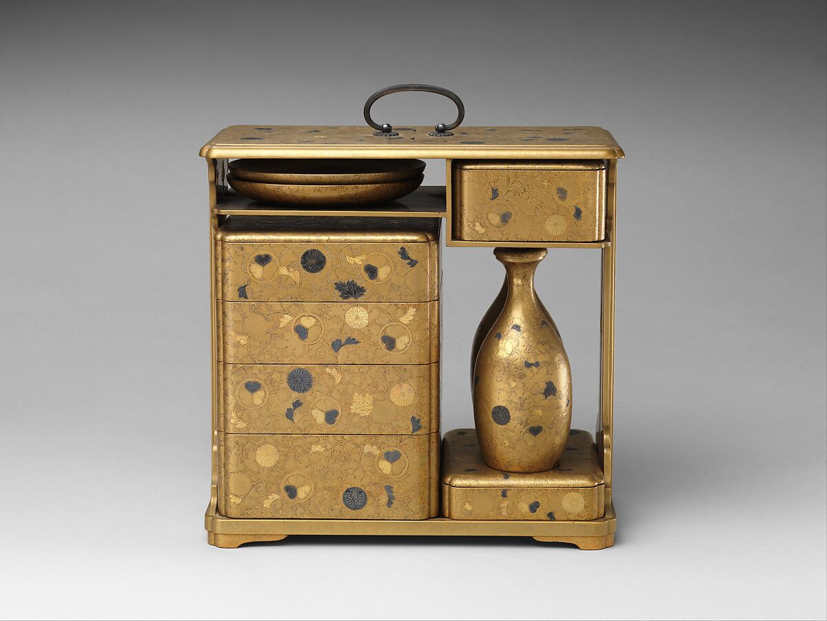 Portable Picnic Set (sagejū) with Chrysanthemums, Foliage Scroll, and Tokugawa Family Crests, Lacquered wood with gold, silver hiramaki-e, gold and silver foil application on nashiji lacquer ground, Japan