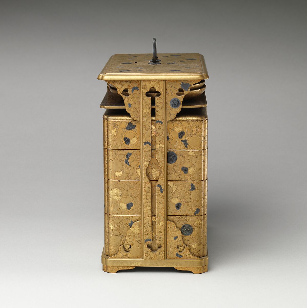 Portable Picnic Set (sagejū) with Chrysanthemums, Foliage Scroll, and Tokugawa Family Crests, Lacquered wood with gold, silver hiramaki-e, gold and silver foil application on nashiji lacquer ground, Japan