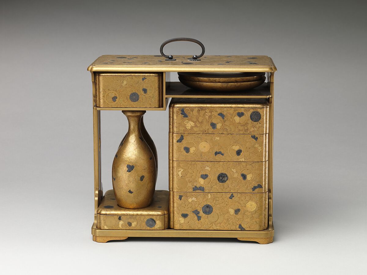 Portable Picnic Set (sagejū) with Chrysanthemums, Foliage Scroll, and Tokugawa Family Crests, Lacquered wood with gold, silver hiramaki-e, gold and silver foil application on nashiji lacquer ground, Japan