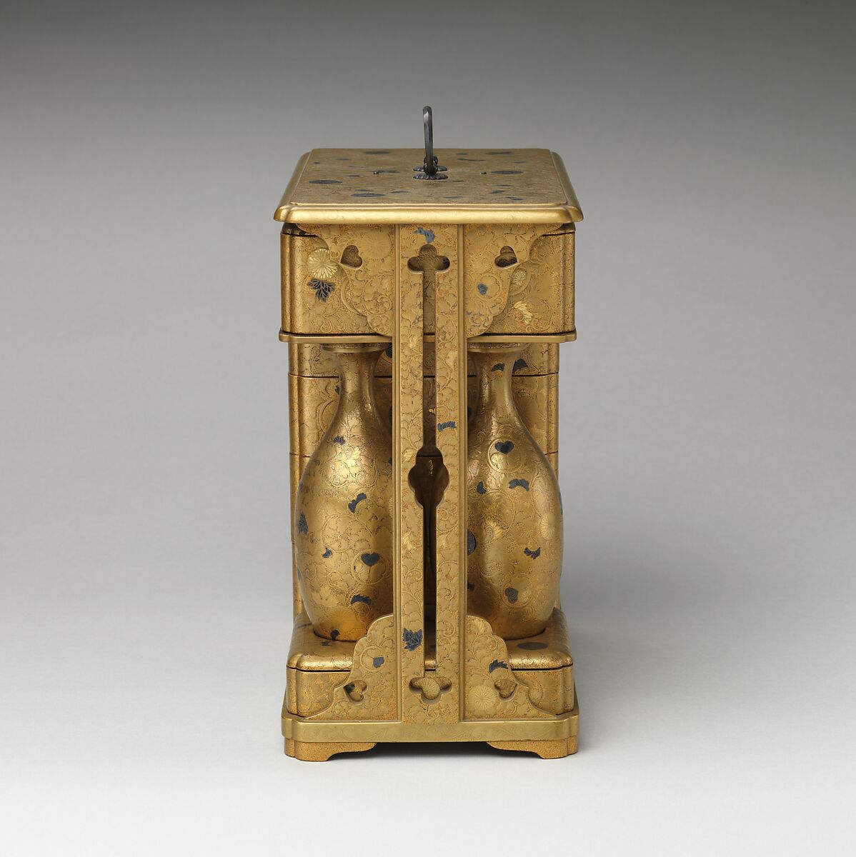 Portable Picnic Set (sagejū) with Chrysanthemums, Foliage Scroll, and Tokugawa Family Crests, Lacquered wood with gold, silver hiramaki-e, gold and silver foil application on nashiji lacquer ground, Japan