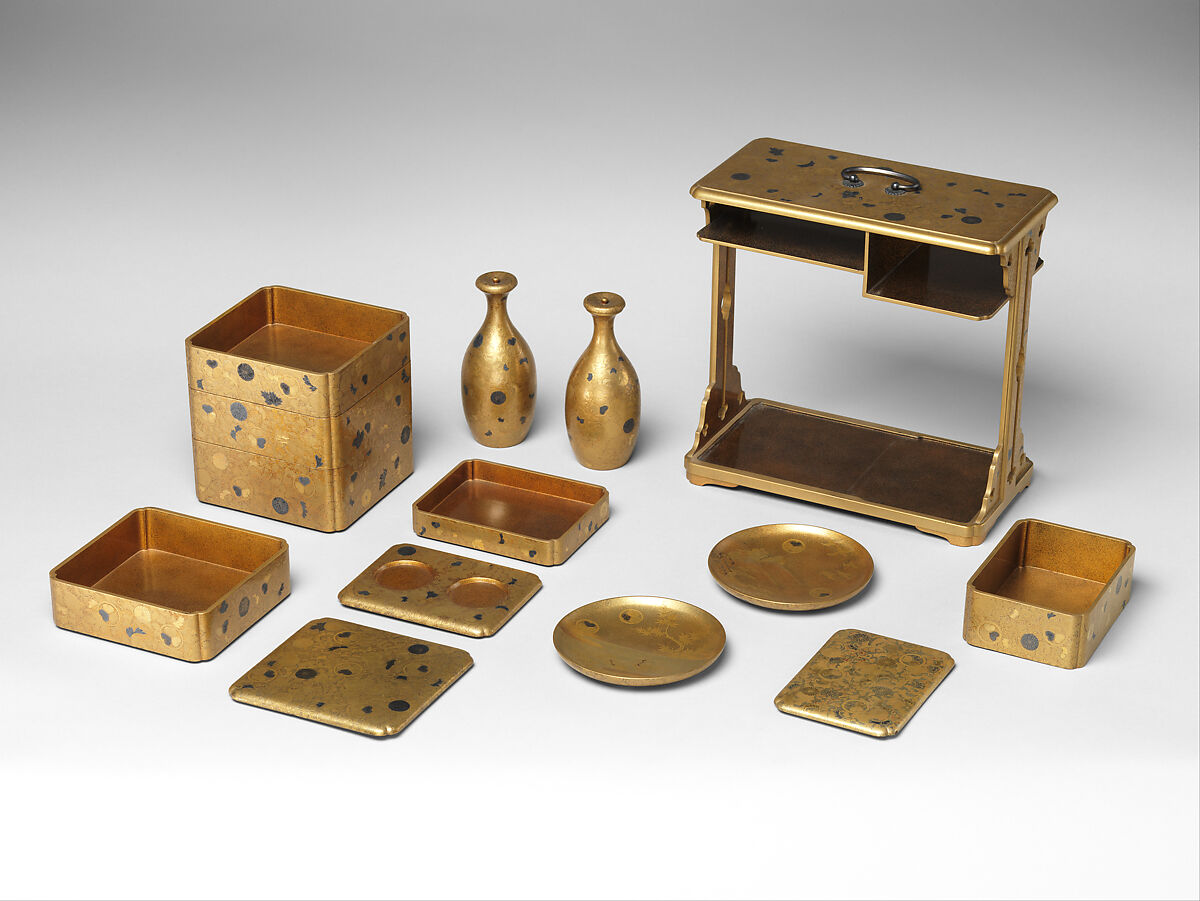 Portable Picnic Set (sagejū) with Chrysanthemums, Foliage Scroll, and Tokugawa Family Crests, Lacquered wood with gold, silver hiramaki-e, gold and silver foil application on nashiji lacquer ground, Japan