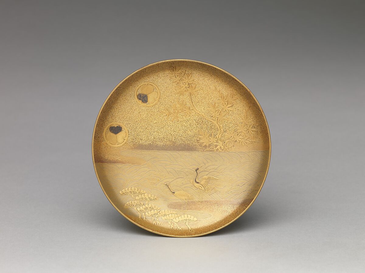 Portable Picnic Set (sagejū) with Chrysanthemums, Foliage Scroll, and Tokugawa Family Crests, Lacquered wood with gold, silver hiramaki-e, gold and silver foil application on nashiji lacquer ground, Japan