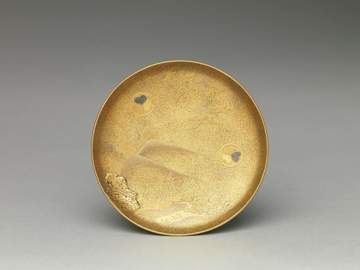 Portable Picnic Set (sagejū) with Chrysanthemums, Foliage Scroll, and Tokugawa Family Crests, Lacquered wood with gold, silver hiramaki-e, gold and silver foil application on nashiji lacquer ground, Japan