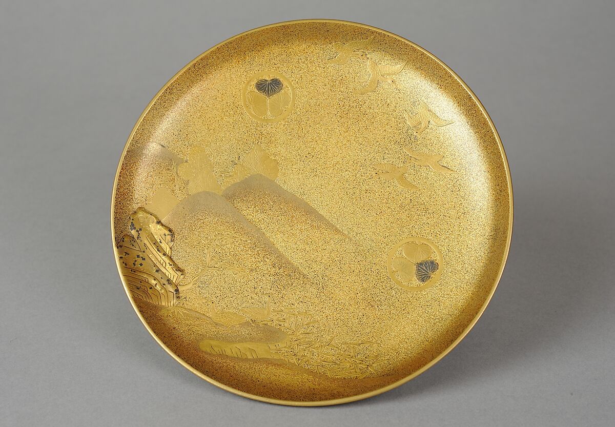 Portable Picnic Set (sagejū) with Chrysanthemums, Foliage Scroll, and Tokugawa Family Crests, Lacquered wood with gold, silver hiramaki-e, gold and silver foil application on nashiji lacquer ground, Japan