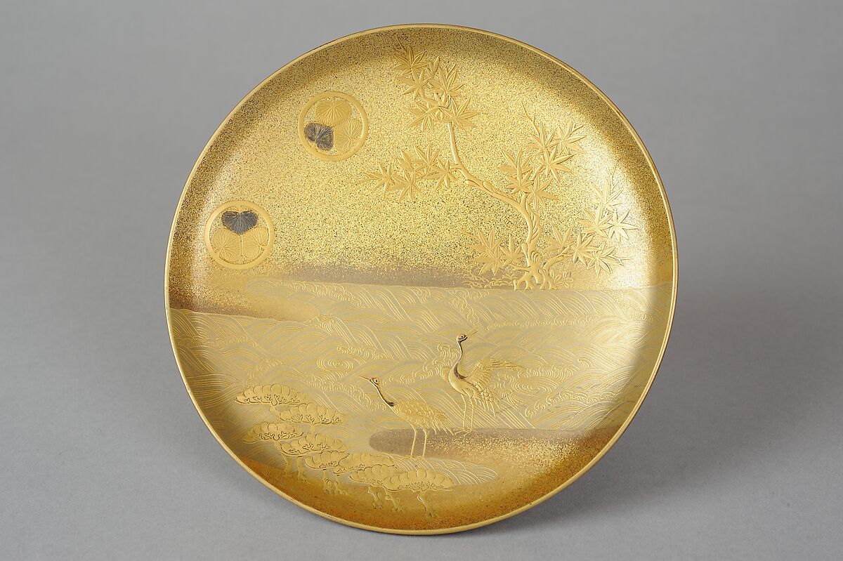 Portable Picnic Set (sagejū) with Chrysanthemums, Foliage Scroll, and Tokugawa Family Crests, Lacquered wood with gold, silver hiramaki-e, gold and silver foil application on nashiji lacquer ground, Japan