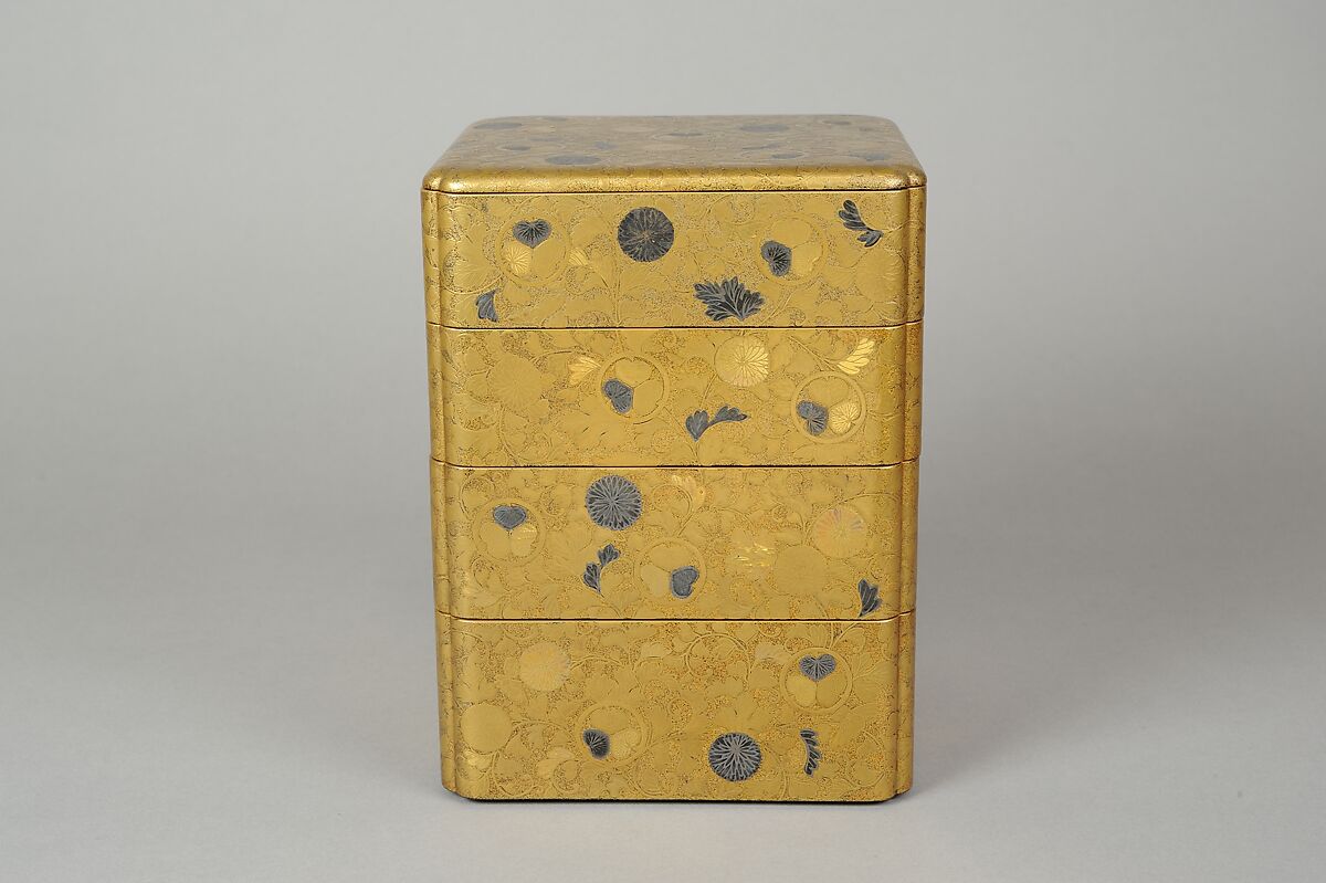 Portable Picnic Set (sagejū) with Chrysanthemums, Foliage Scroll, and Tokugawa Family Crests, Lacquered wood with gold, silver hiramaki-e, gold and silver foil application on nashiji lacquer ground, Japan