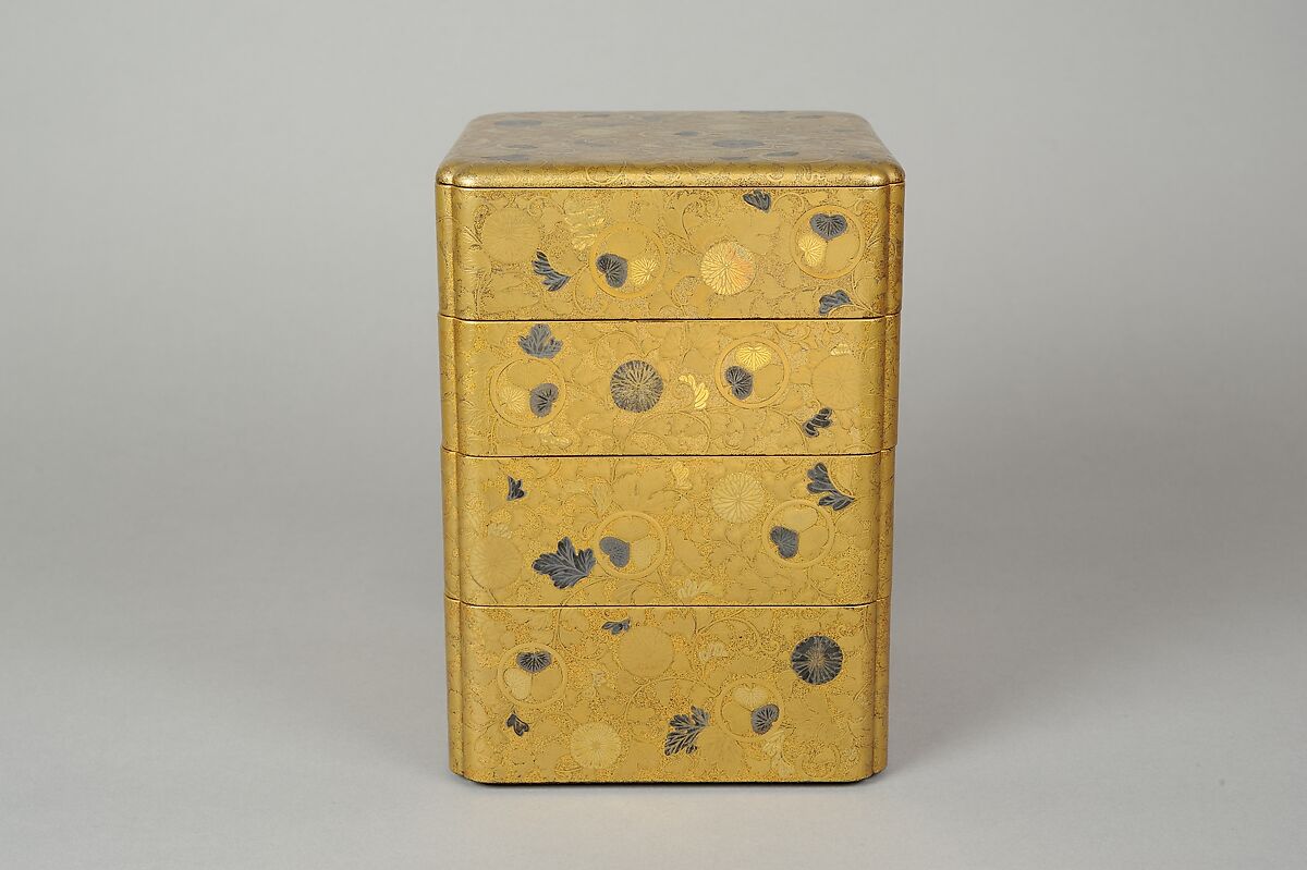 Portable Picnic Set (sagejū) with Chrysanthemums, Foliage Scroll, and Tokugawa Family Crests, Lacquered wood with gold, silver hiramaki-e, gold and silver foil application on nashiji lacquer ground, Japan