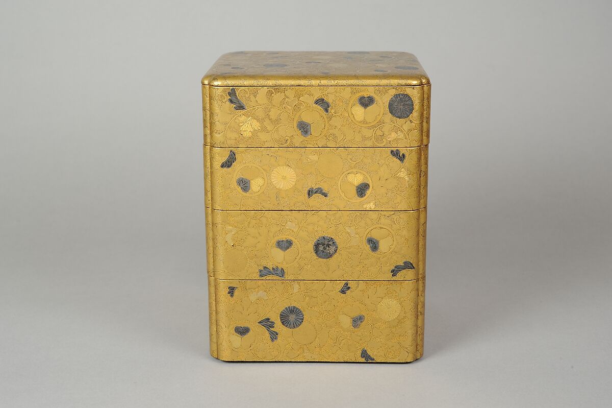 Portable Picnic Set (sagejū) with Chrysanthemums, Foliage Scroll, and Tokugawa Family Crests, Lacquered wood with gold, silver hiramaki-e, gold and silver foil application on nashiji lacquer ground, Japan