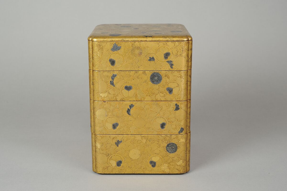 Portable Picnic Set (sagejū) with Chrysanthemums, Foliage Scroll, and Tokugawa Family Crests, Lacquered wood with gold, silver hiramaki-e, gold and silver foil application on nashiji lacquer ground, Japan