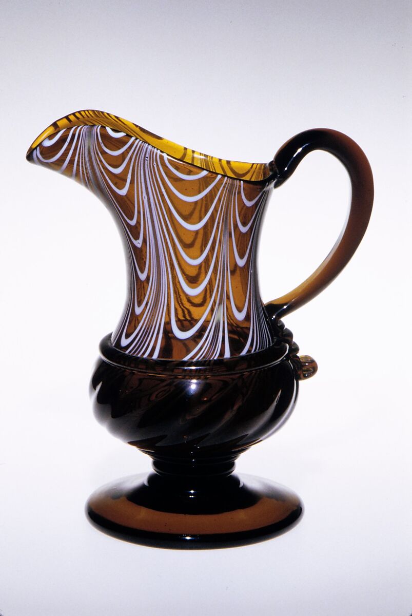Pitcher, Free-blown amber and opaque white glass, American 