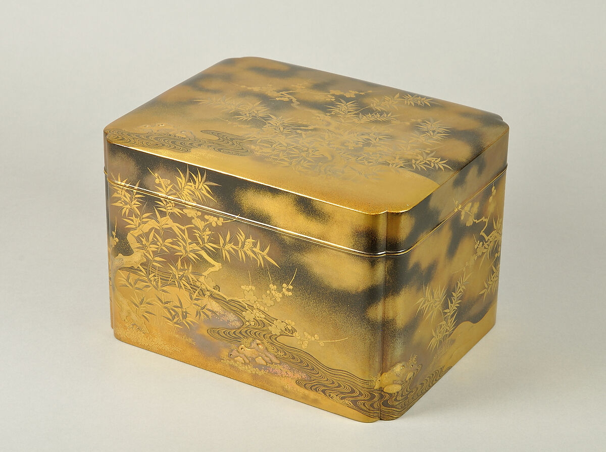 Box for Incense Set with Design of Plum and Bamboo, Gold maki-e on black lacquer, Japan 