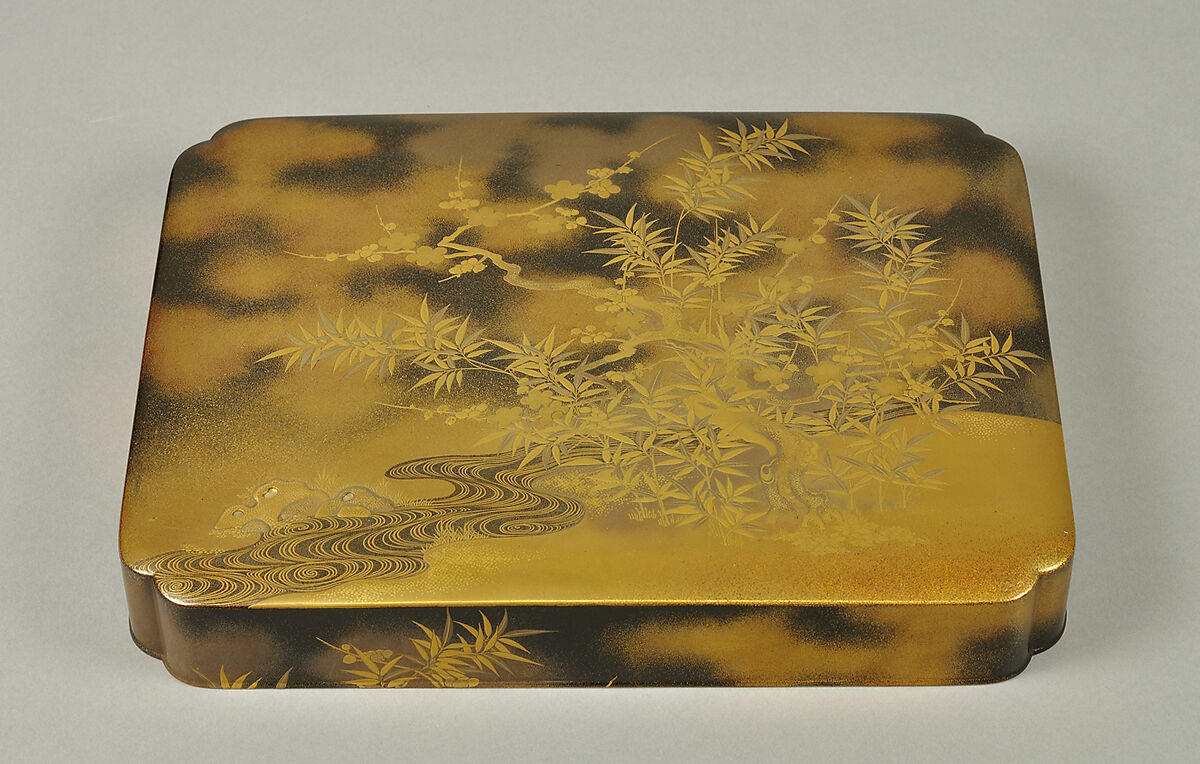Box for Incense Set with Design of Plum and Bamboo, Gold maki-e on black lacquer, Japan