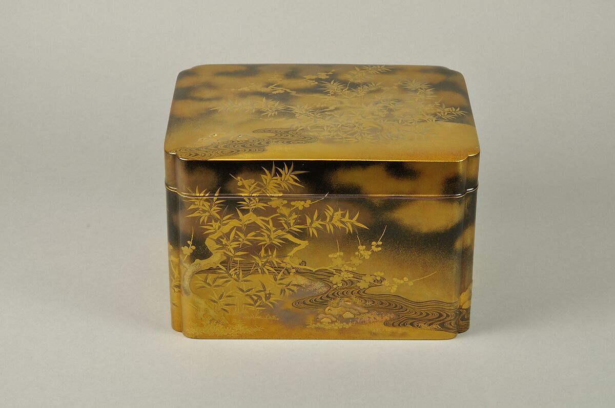 Box for Incense Set with Design of Plum and Bamboo, Gold maki-e on black lacquer, Japan
