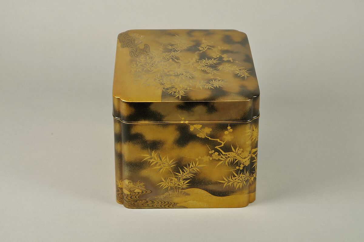 Box for Incense Set with Design of Plum and Bamboo, Gold maki-e on black lacquer, Japan