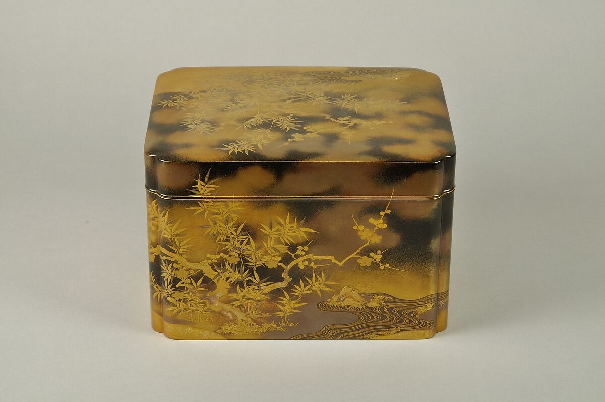 Box for Incense Set with Design of Plum and Bamboo, Gold maki-e on black lacquer, Japan