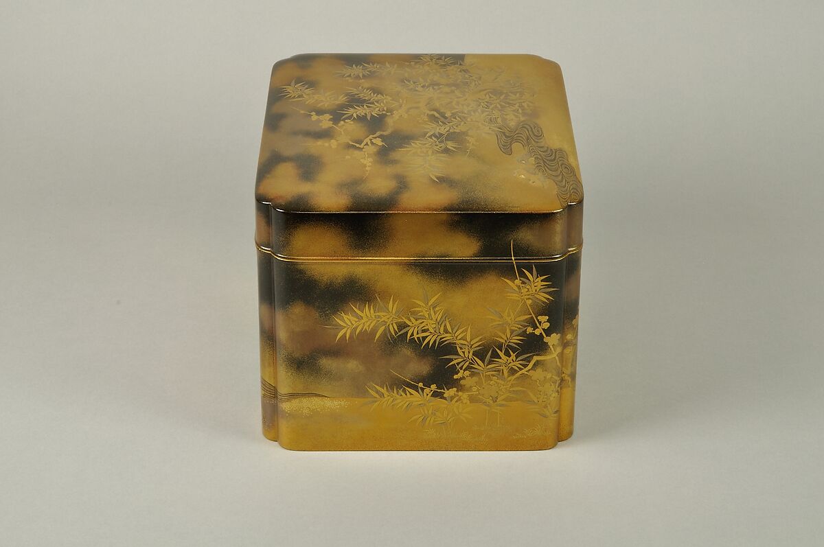 Box for Incense Set with Design of Plum and Bamboo, Gold maki-e on black lacquer, Japan