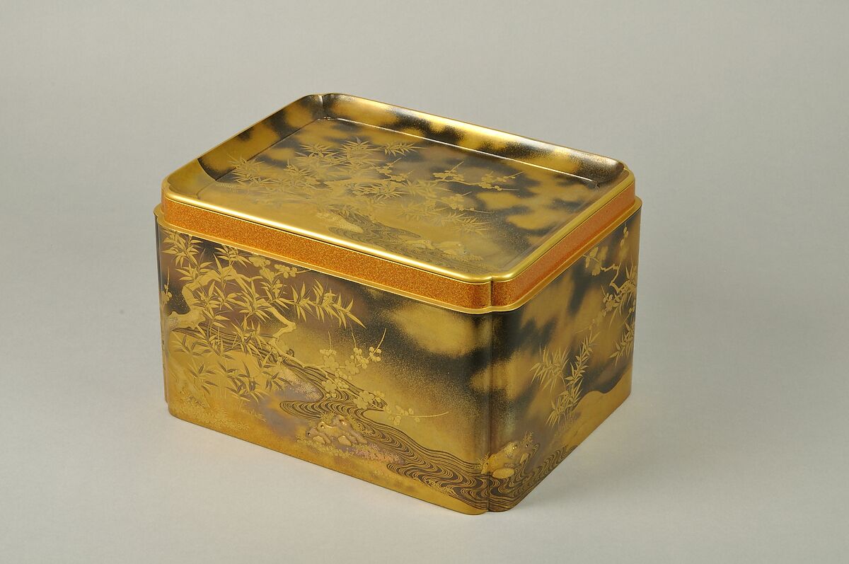 Box for Incense Set with Design of Plum and Bamboo, Gold maki-e on black lacquer, Japan