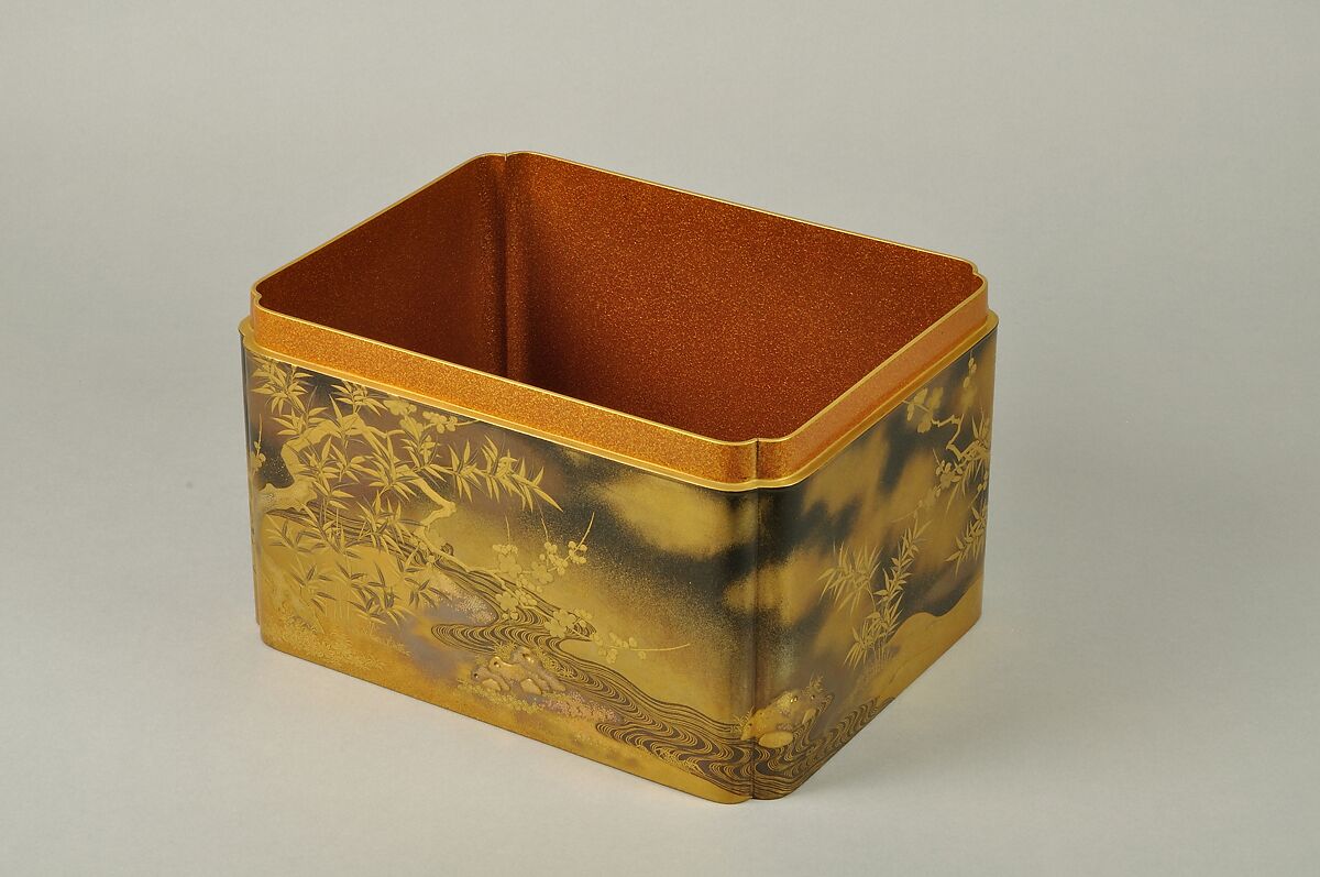Box for Incense Set with Design of Plum and Bamboo, Gold maki-e on black lacquer, Japan