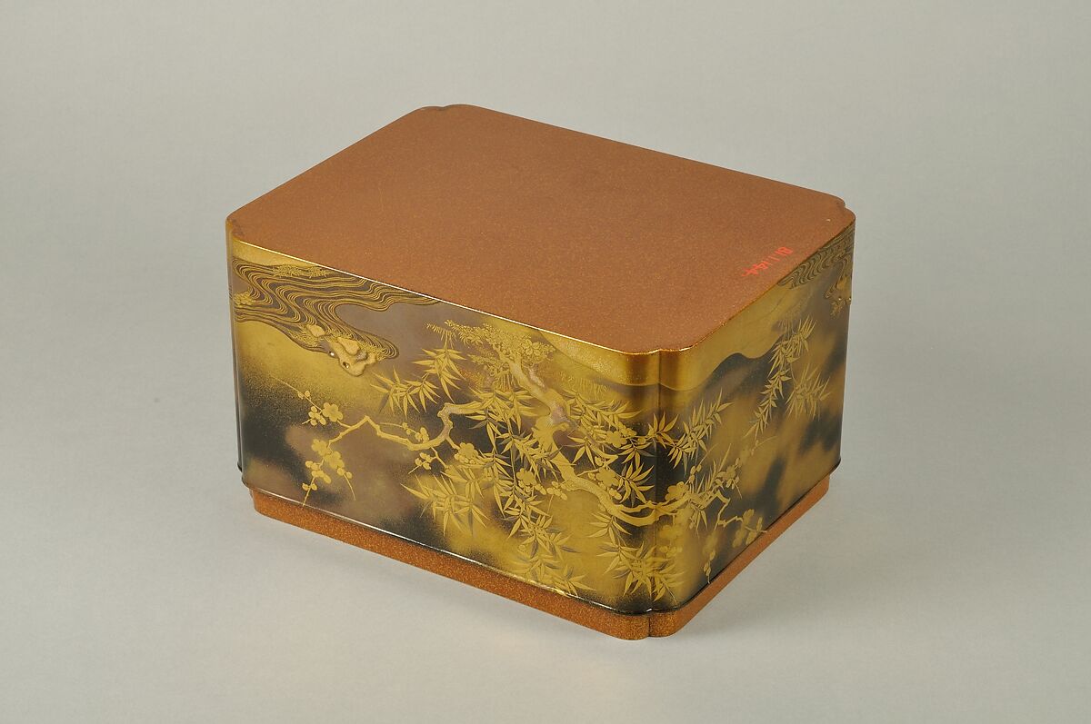 Box for Incense Set with Design of Plum and Bamboo, Gold maki-e on black lacquer, Japan