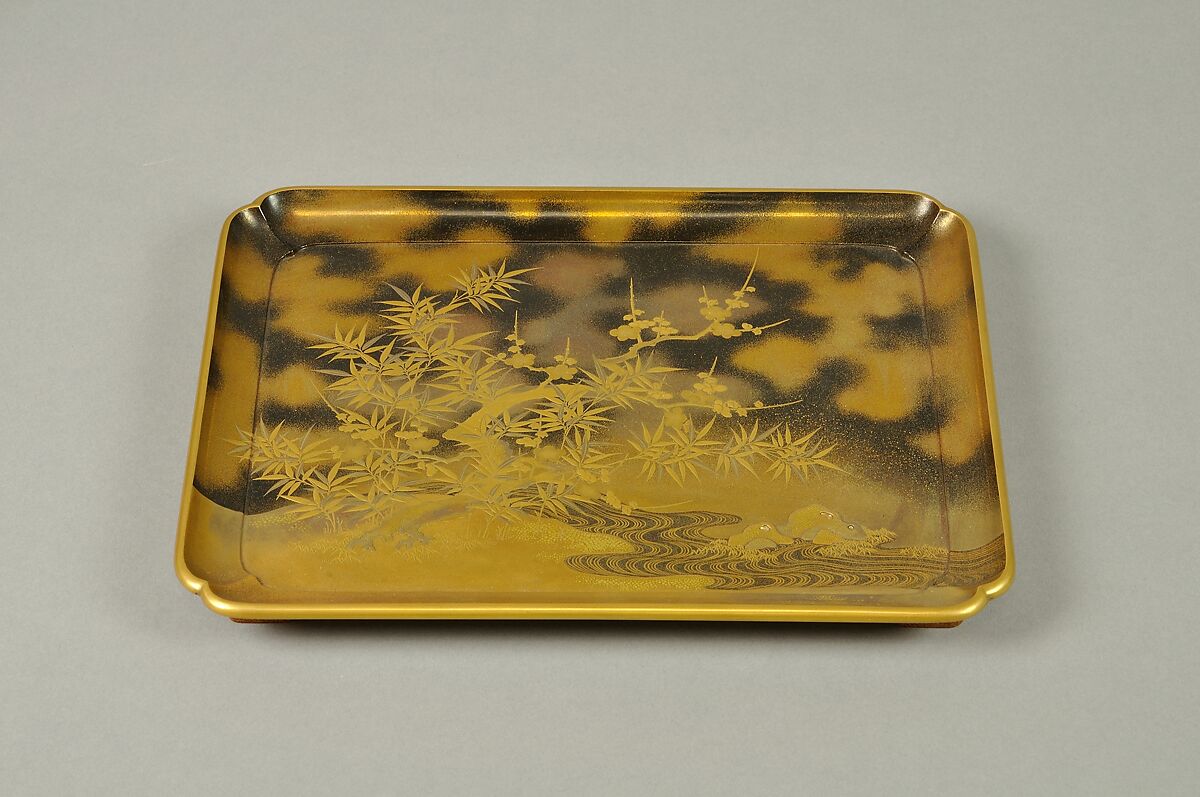 Box for Incense Set with Design of Plum and Bamboo, Gold maki-e on black lacquer, Japan